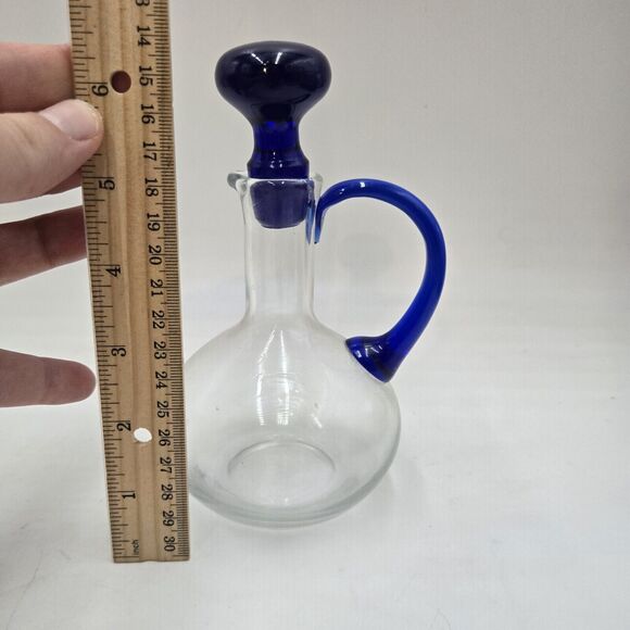 Vintage Cobalt Blue Pitcher Roman Art Hand Blown Glass Cruet With Stopper - Picture 3 of 4